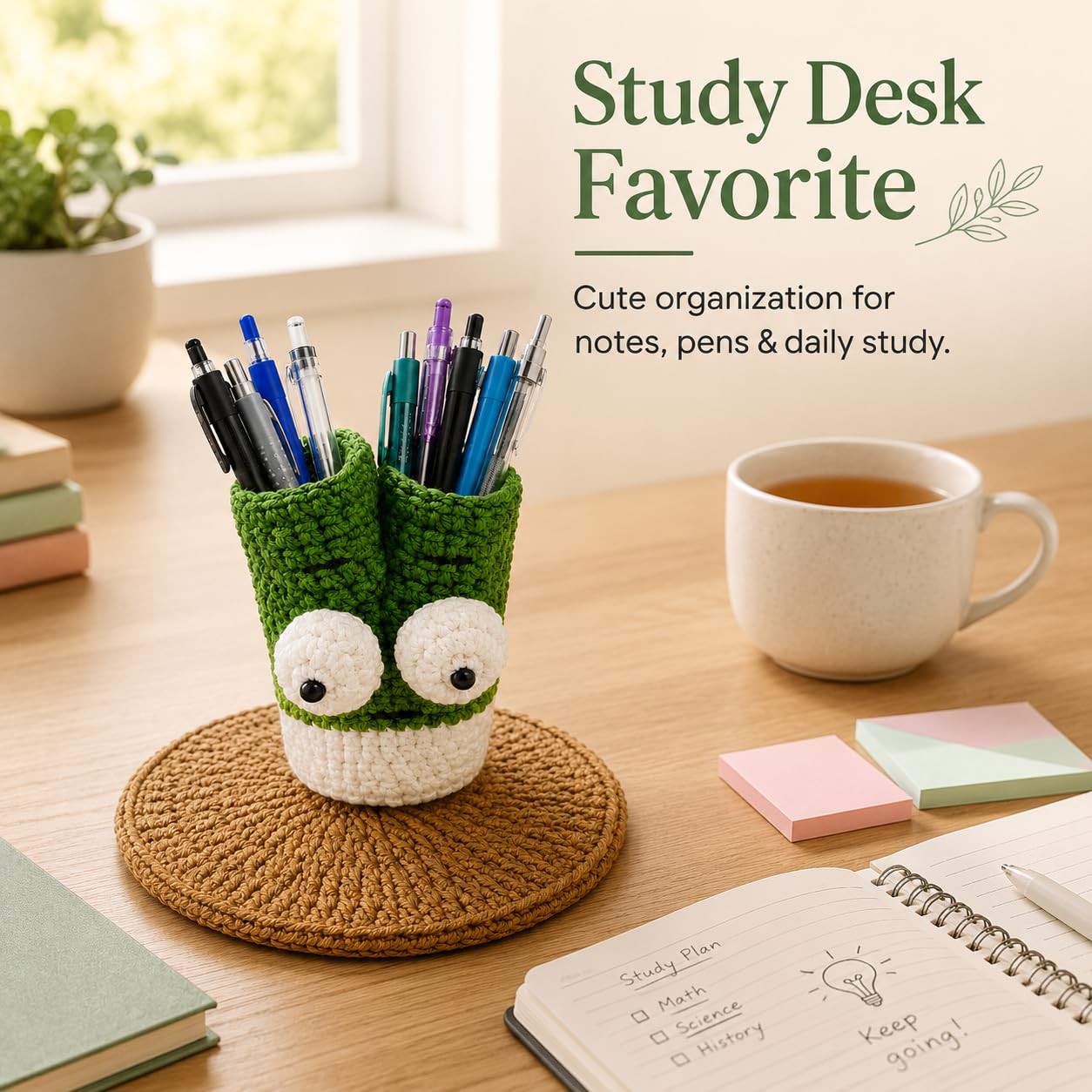 Cute Crochet Pen Holder for Desk – Handmade Green Onion Pencil Cup with Stand…