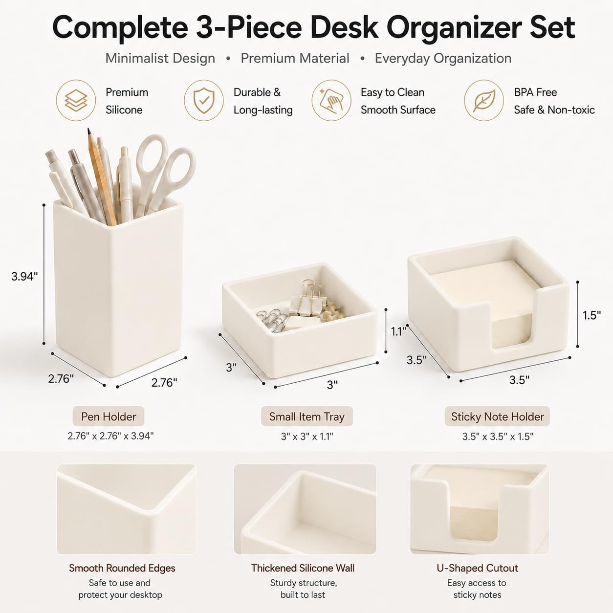 Aesthetic Silicone Desk Organizer Set of 3,Modern Office Desk Accessories with P