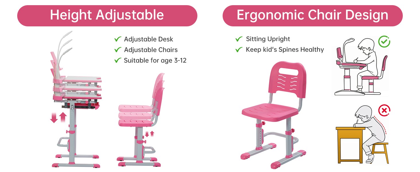 Kids Desk and Chair Set, Height Adjustable Child’s School Study Writing