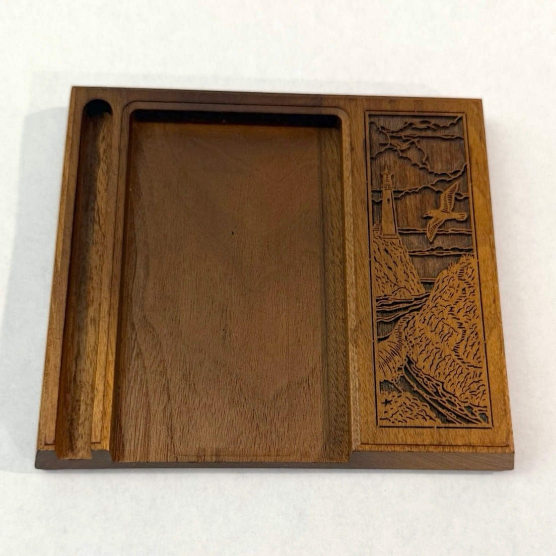 Lasercraft Walnut Coastal Lighthouse Seagull Desktop Note Pen Caddy Carved Wood