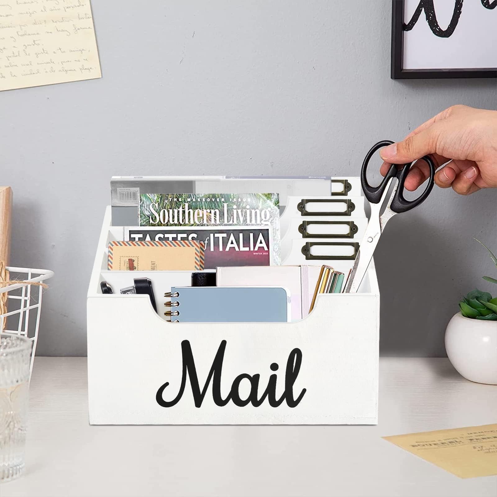 Rustic Wood Mail Organizer Countertop with 4 Slots, Black Mail Holder for Des…