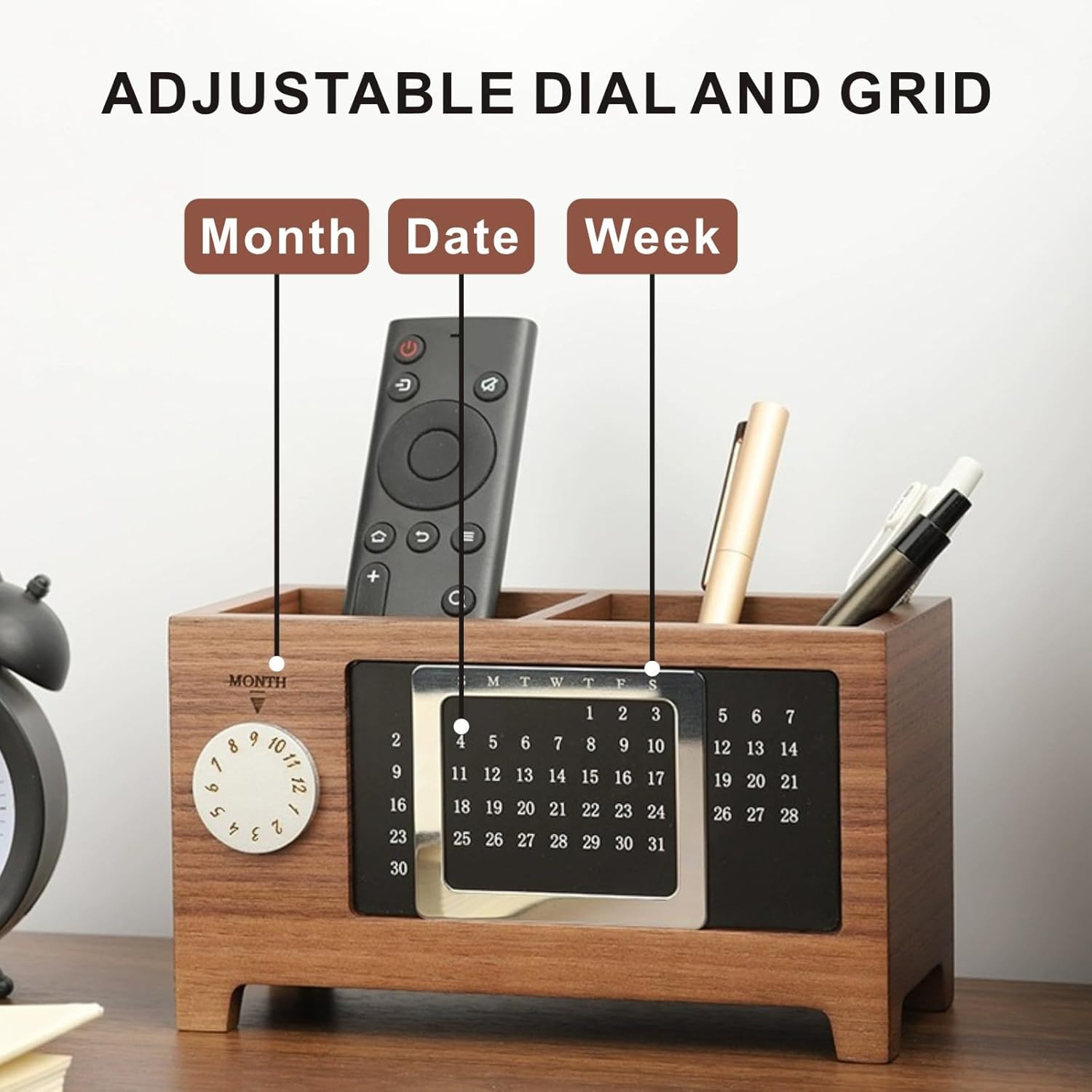 Wooden Calendar Pencil Pen Holder, Desk Organizer with 2 Slots, Multifunctional