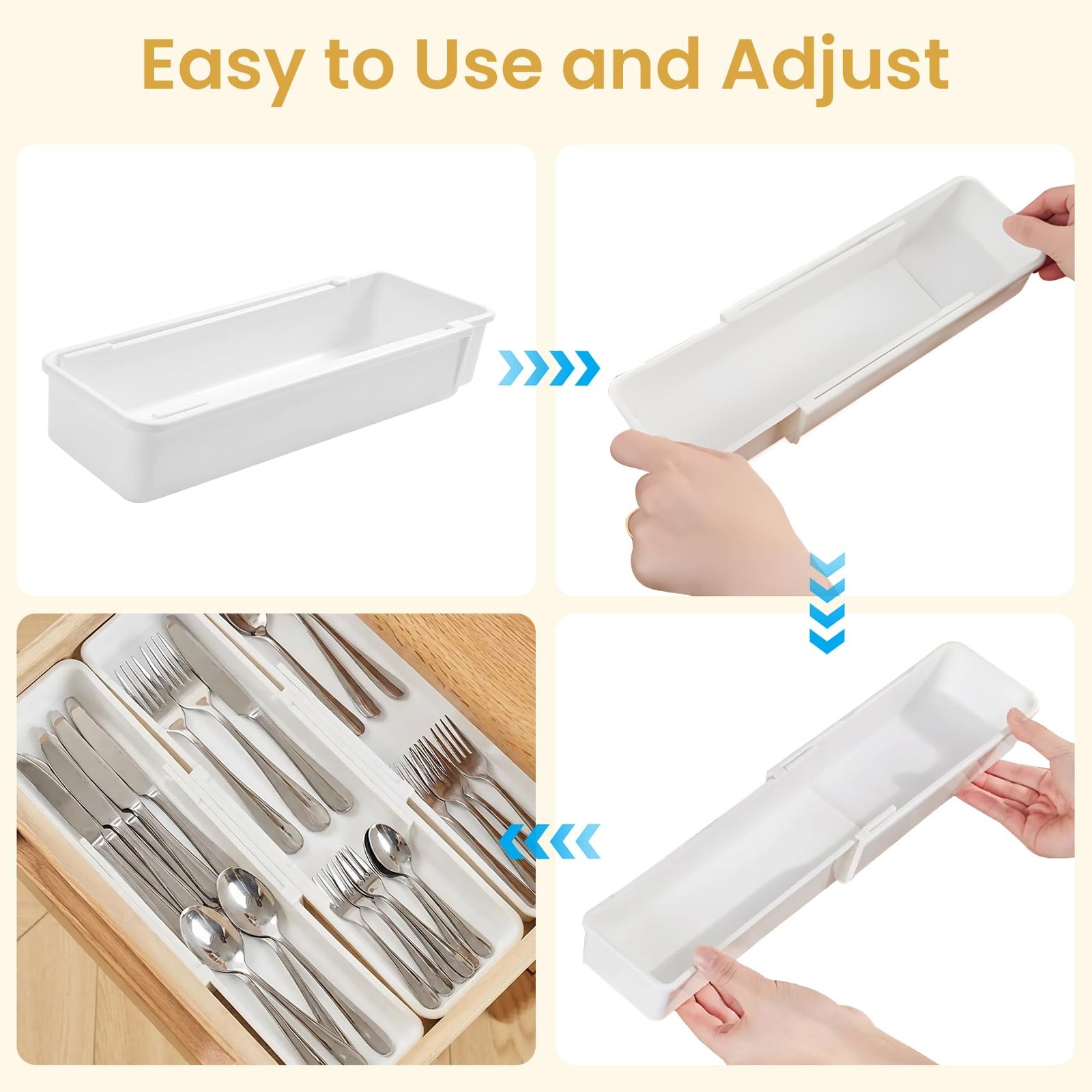 4~Pack Adjustable Drawer Organizers, Expandable Dividers, White