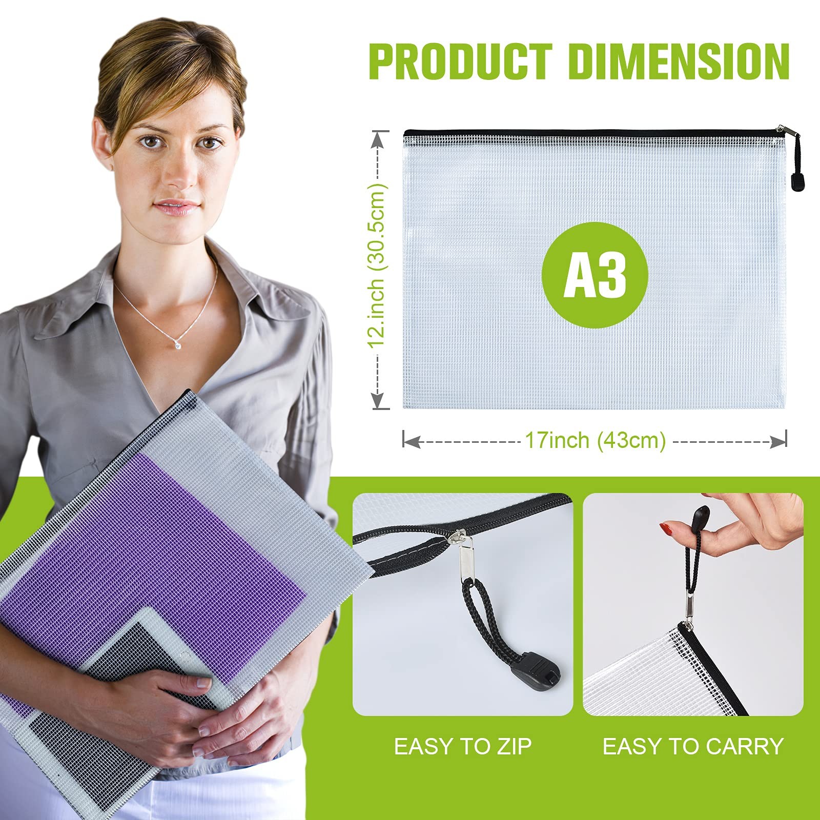 Mesh Zipper Pouch, 6PCS Waterproof Plastic Mesh Zipper Bag, A3 Size Tear-Resi…