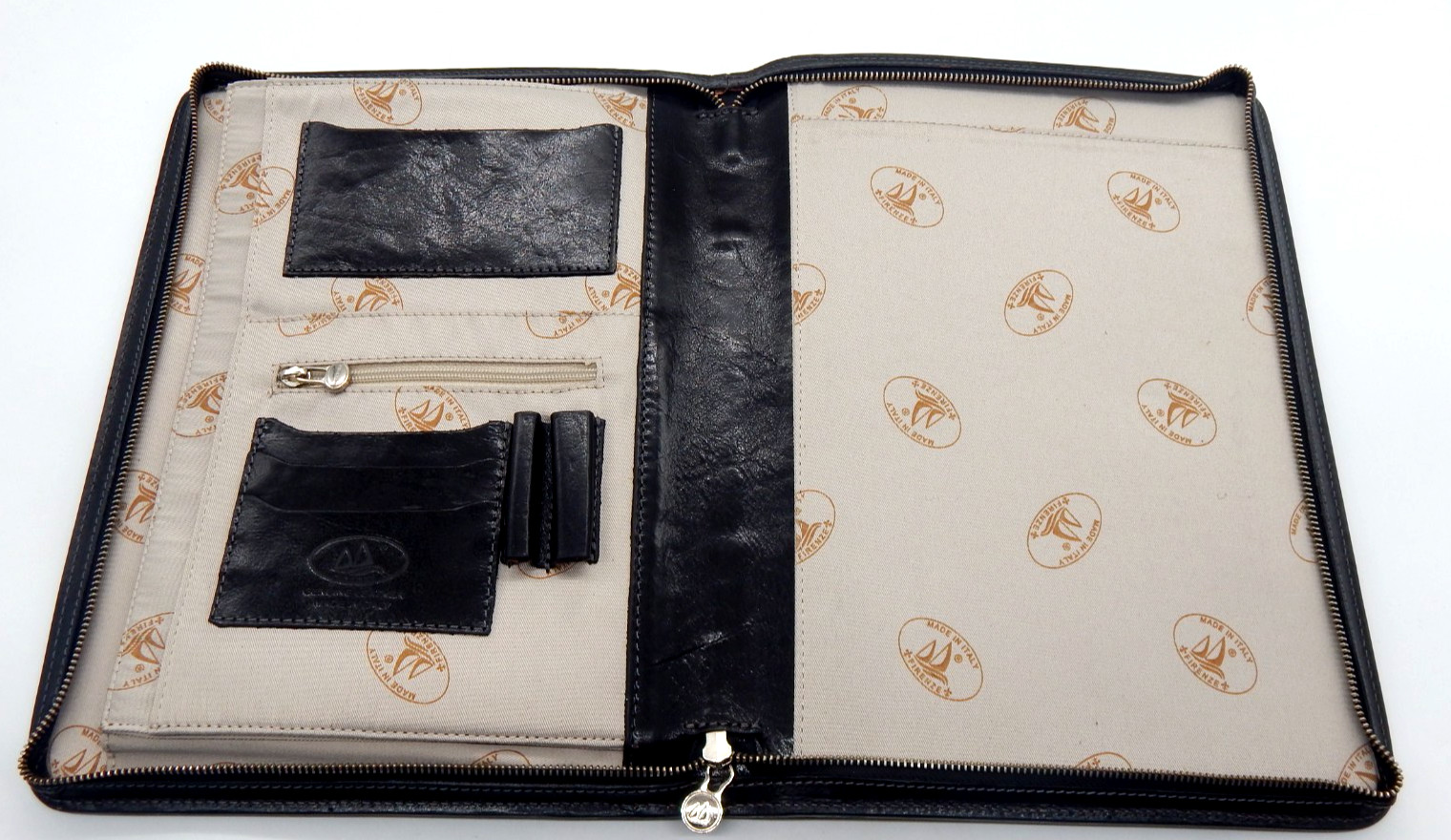Vintage Italian Black Leather Portfolio Zippered Organizer Made Florence Italy
