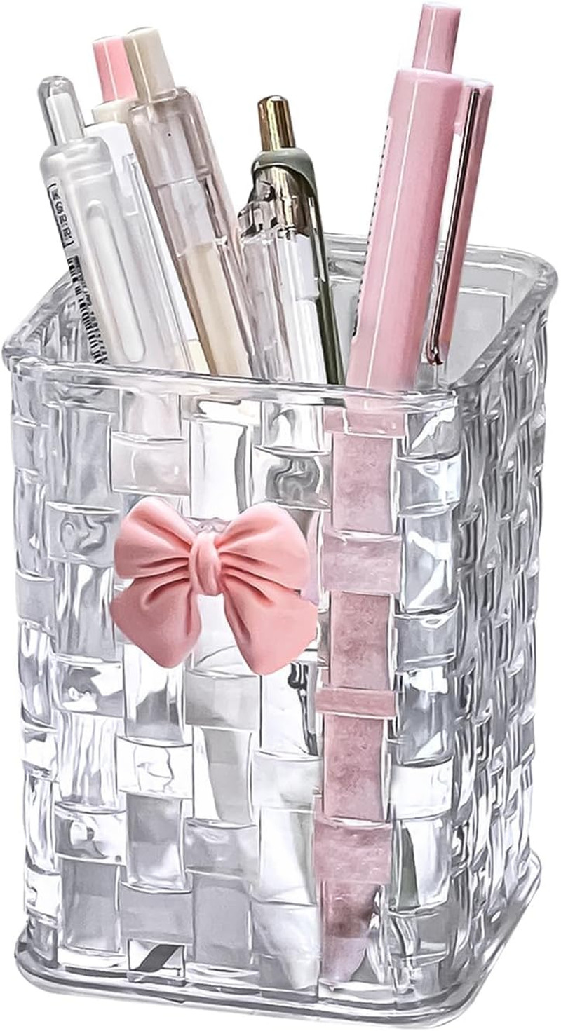 Clear Acrylic Desk Pen Holder, Non-Slip Pencil Organizer with Bow Decoration, Mu