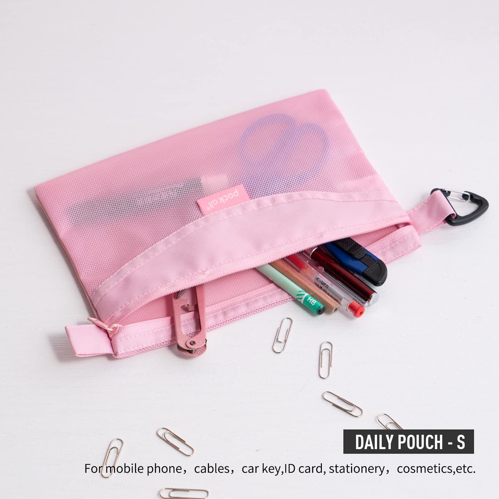 Water-Resistant Mesh Zipper Pouch Set 3 PCS Bags for Storage Travel Pink