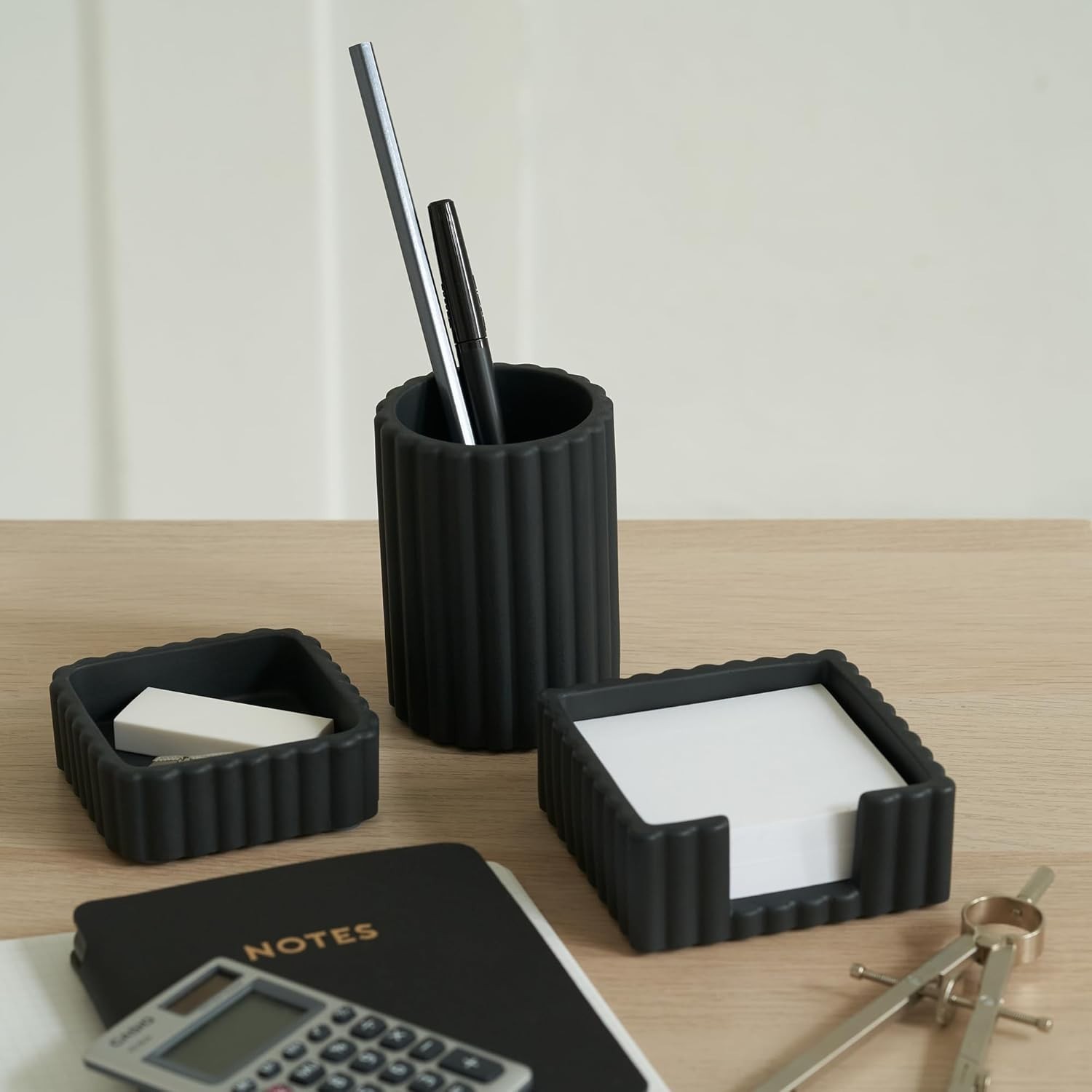 Modern Concrete Desk Organizer Set for Pens & Supplies – Black Brushed Finish