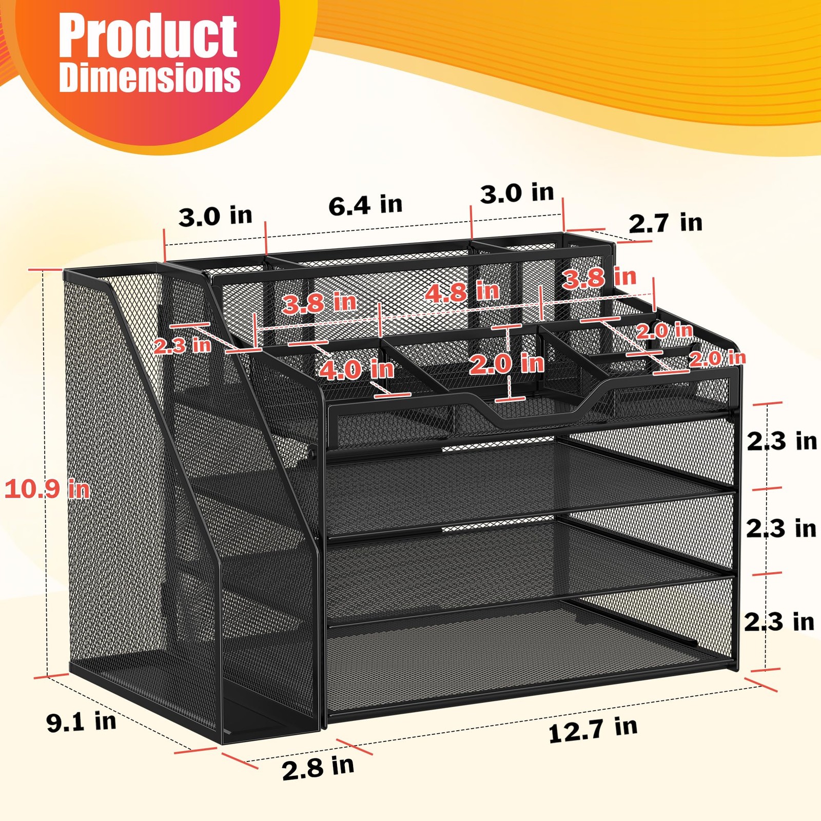 4 Tier Mesh Desk Organizer File Tray Desktop Storage with Pen Holders