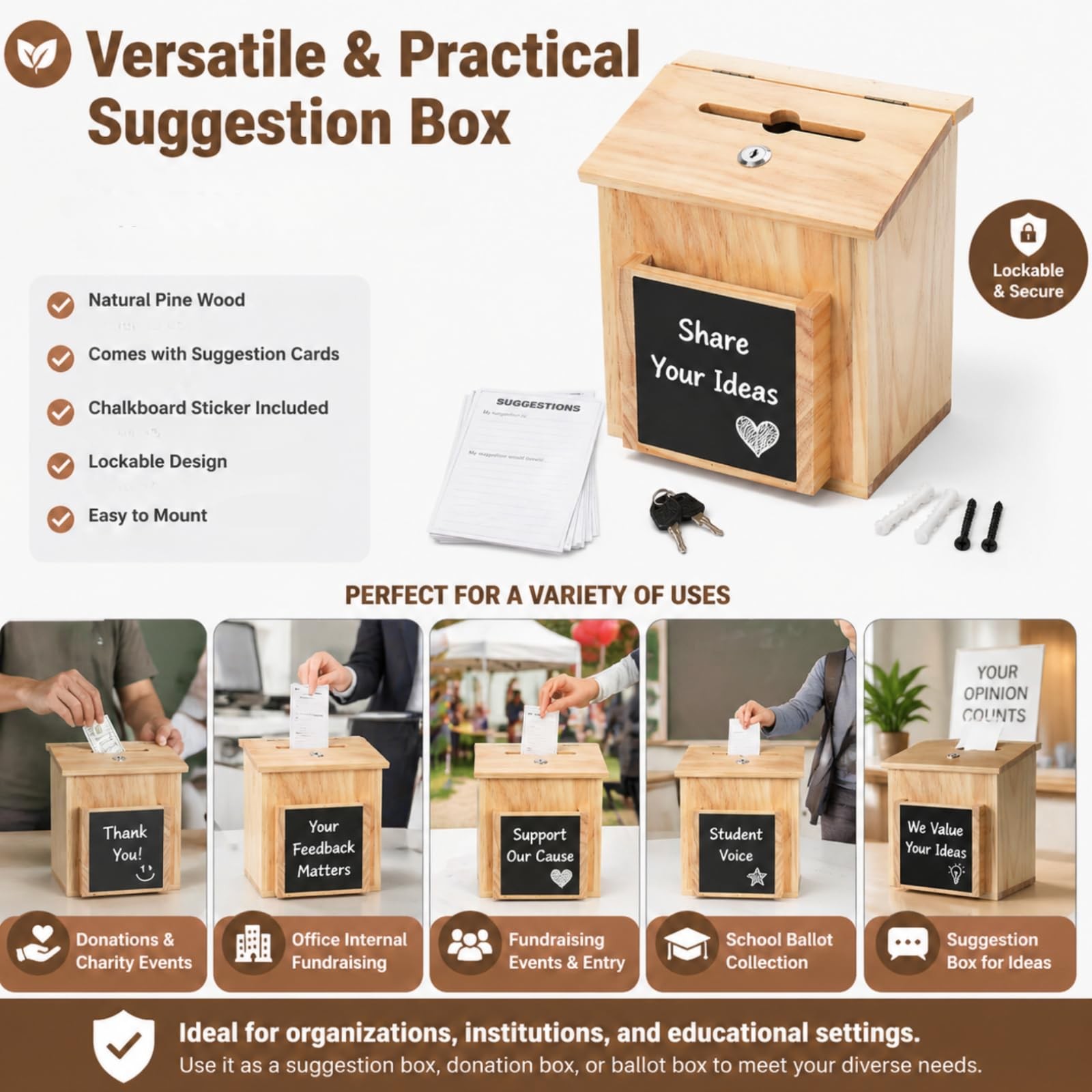 ZENFUN Wooden Suggestion Box with 50 Free 8.6″ x 6.8″ x 10″ inches, Brown