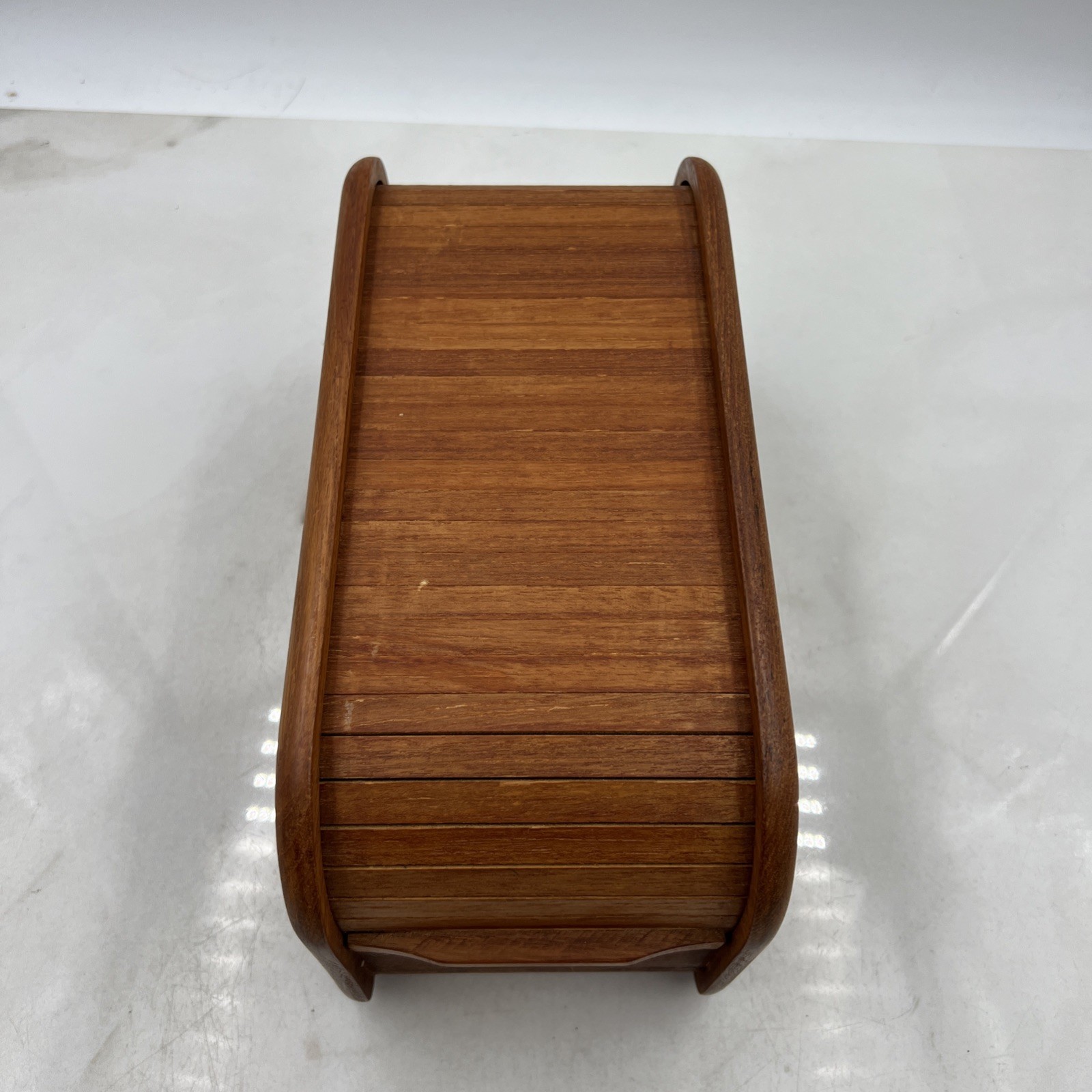 Vtg KALMAR Designs Teak Tambour Roll Top Disk Cassette Storage Box 10.5”x5”x6”