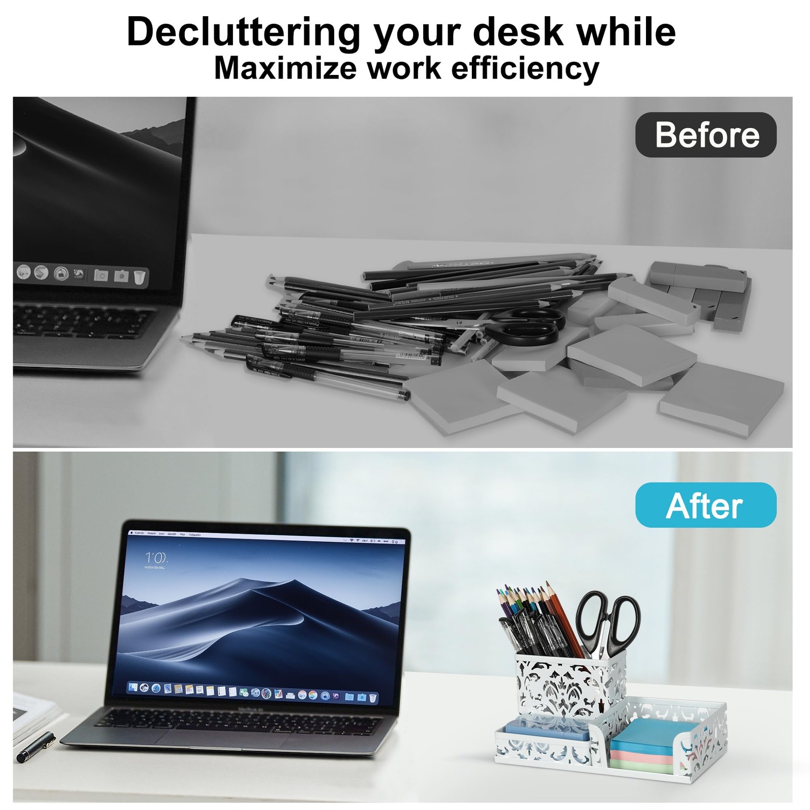 Desk Organizer with 3 Compartments Pencil Holder Sticky Note Tray White