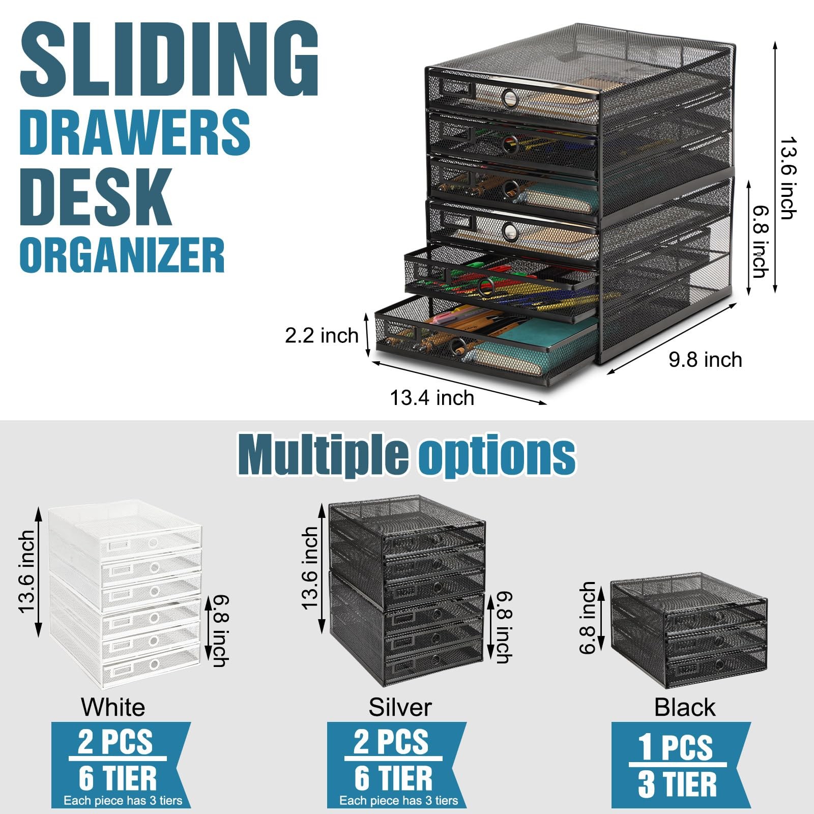 Zhanmai 1 Pack Black Desk Organizer with Drawer Total Wire Mesh 3 Tier,