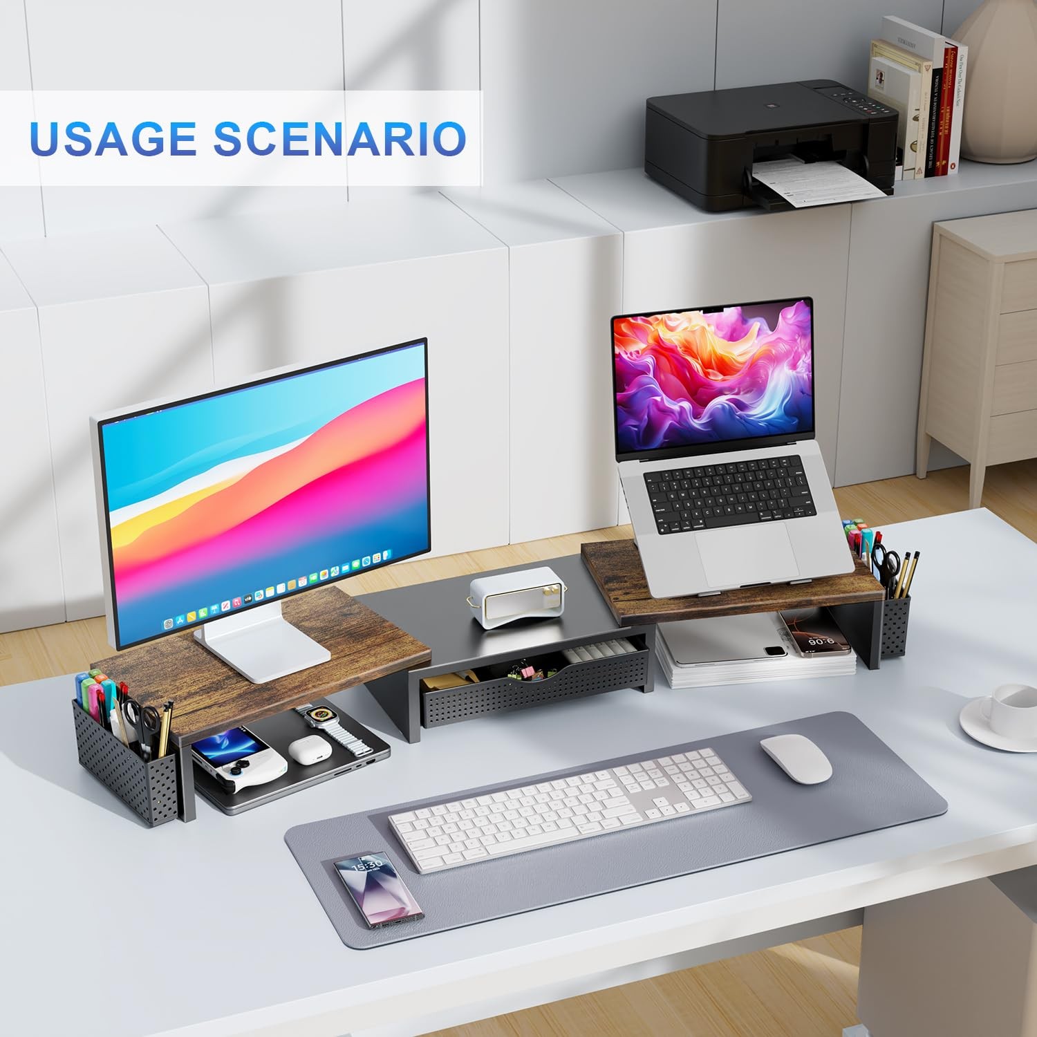 gianotter Dual Monitor Stand Riser, Desk Organizer With Drawer and 2 Pen Wood