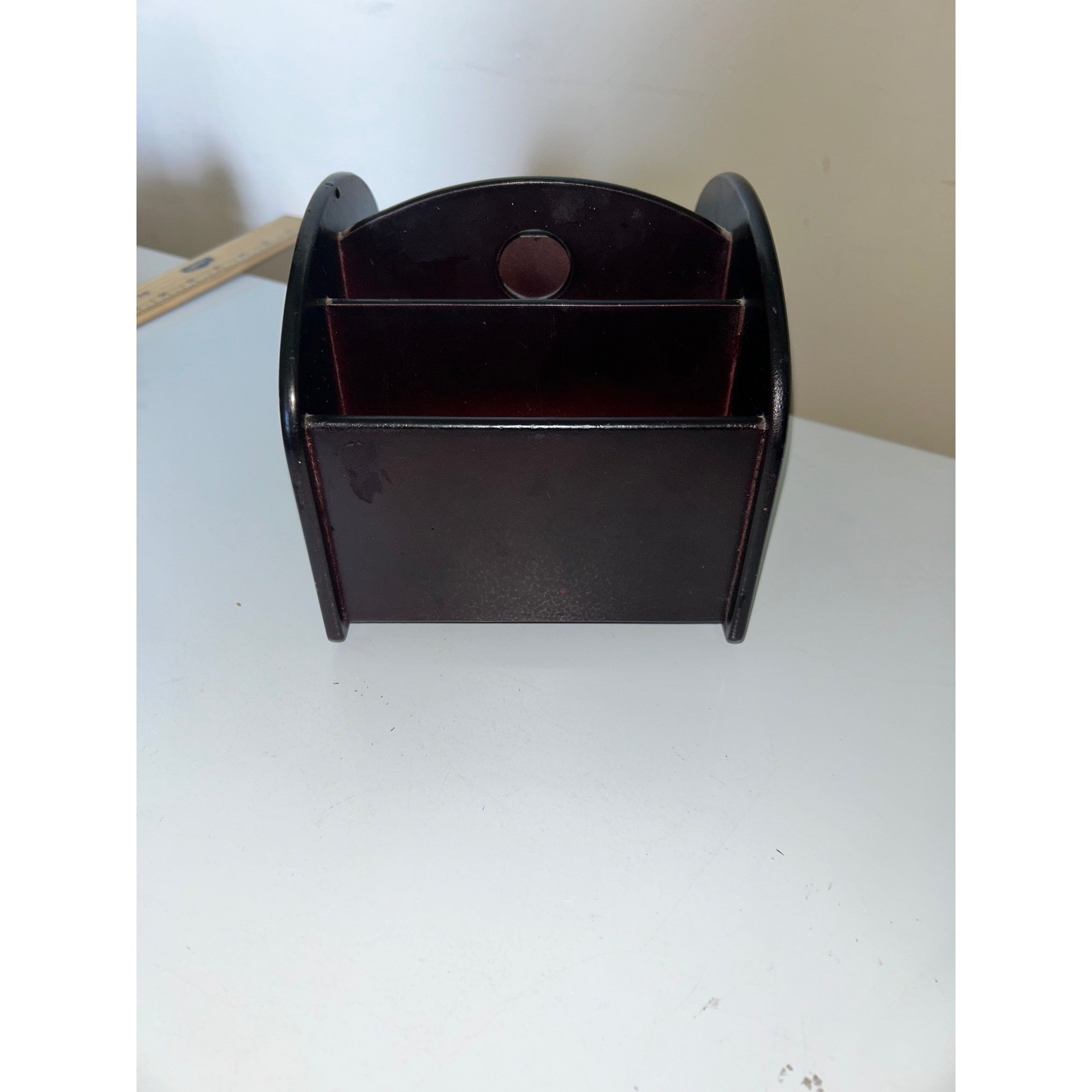 Vtg Dark Wood Desk Organizer Mail Sorter Mahogany Finish Office Storage Swivel