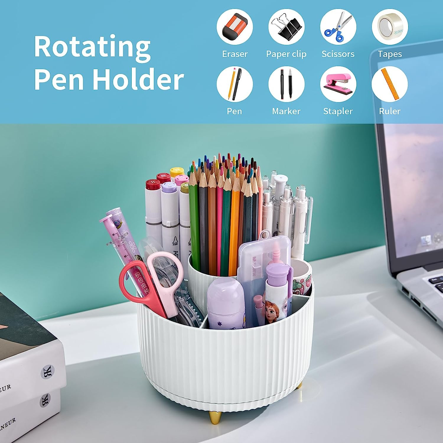Desk Organizer 360-Degree Rotating Pen Holder With 5 Compartments Pencil Holder