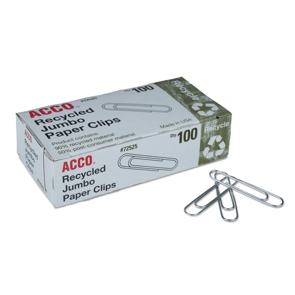 ACCO Recycled Paper Clips, Jumbo, 100/Box, 10 Boxes/Pack Silver