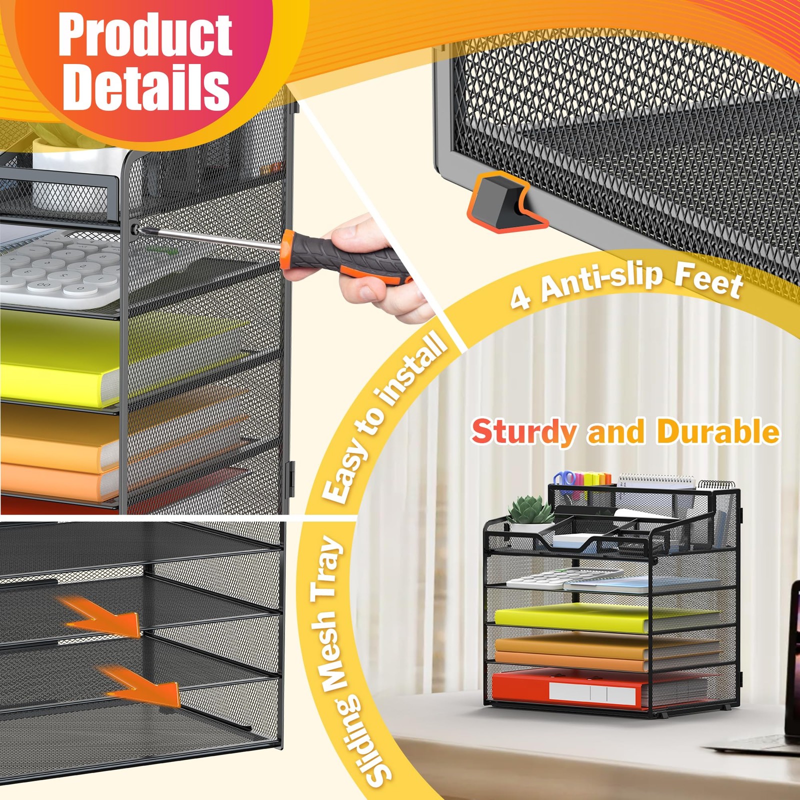 5 Tier Mesh Desk Organizer for Paper Office Supplies – Multi-Functional Lette…
