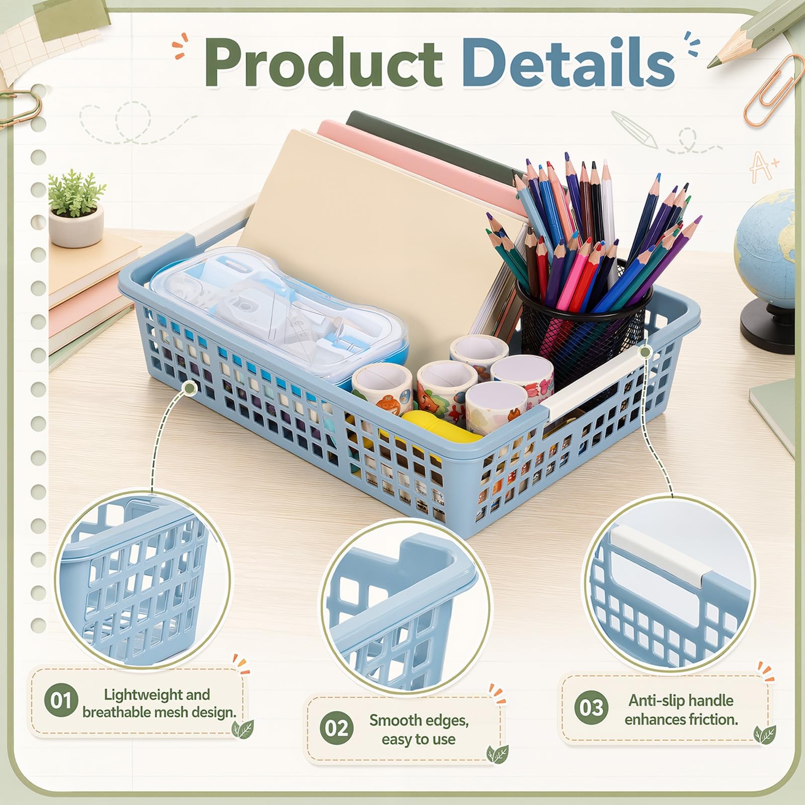 24 Pcs Colorful Plastic Classroom Baskets Bulk with Handles 13.6″ x 10″ Class…