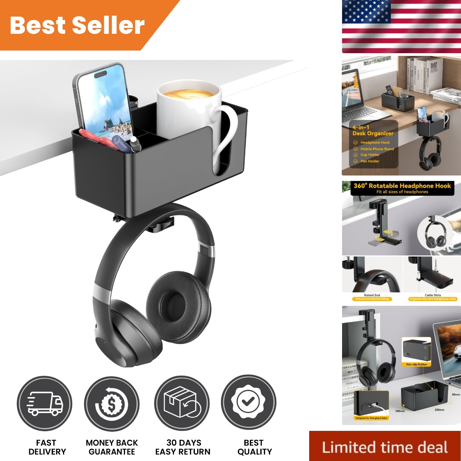 4 in 1 Black Desk Cup Holder & Rotating Headphone Hanger – Space-Saving Design