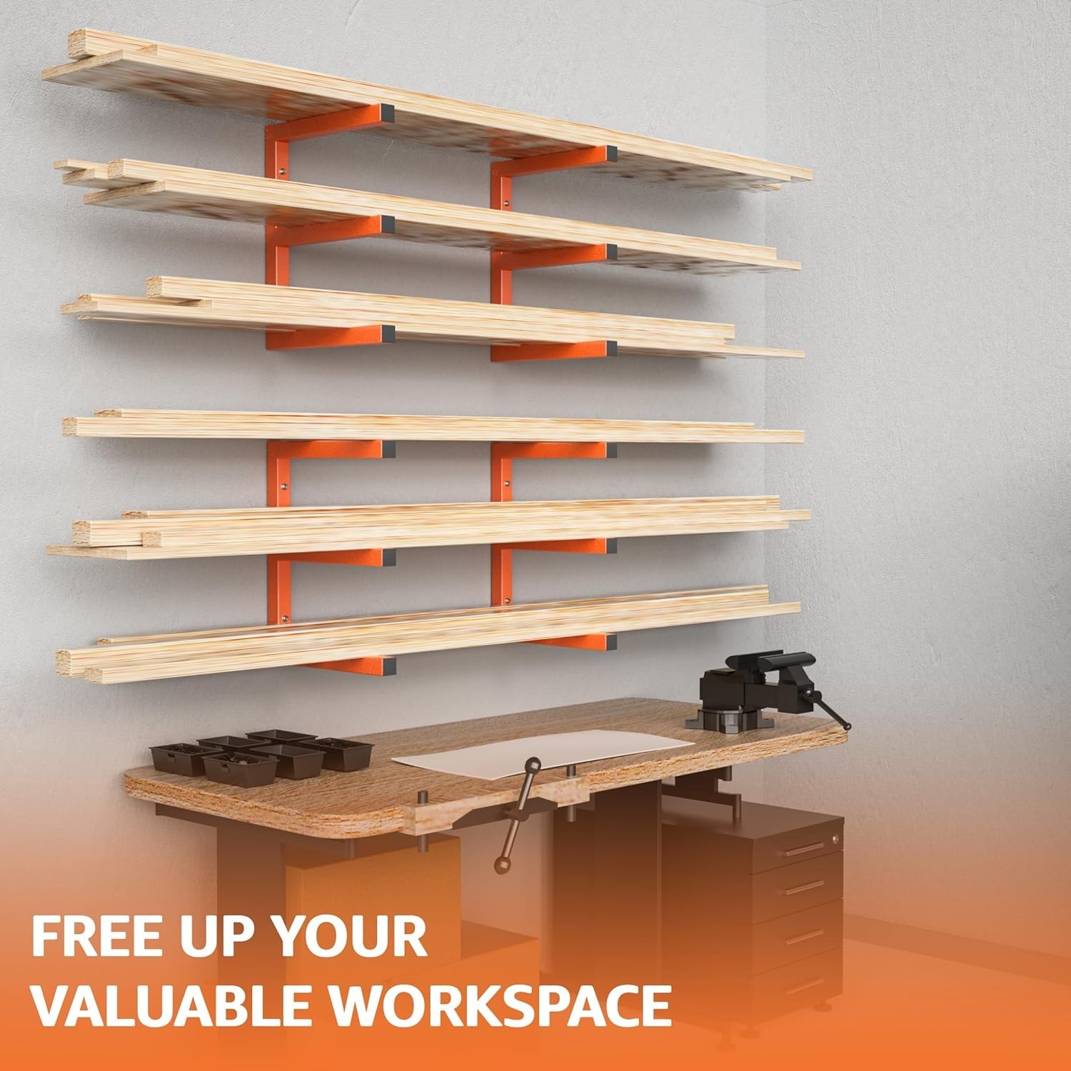Scratch Resistant Wall Mount Lumber Storage Rack Heavy Duty 1200 LBS Orange