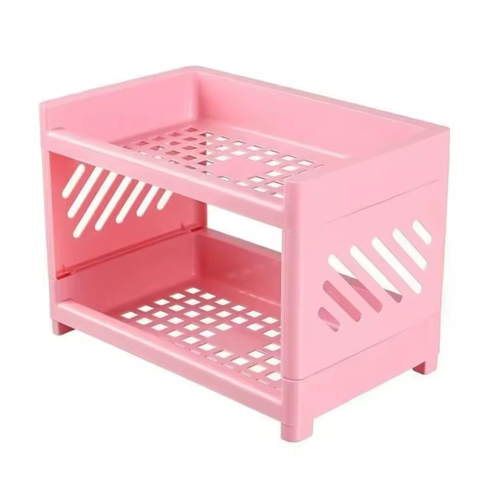 Double Layer Desk Organizer Multi-Tier Storage Rack – Color: Pink
