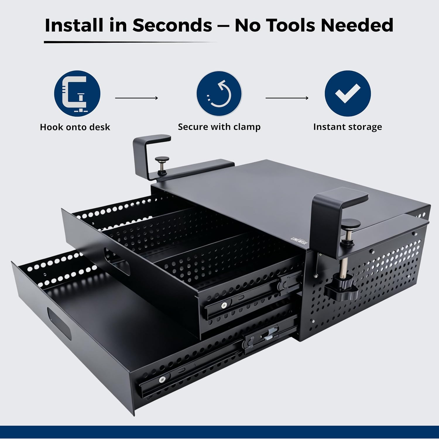 Clamp-On Under Desk Drawer – No-Drill Metal Organizer for Home & Office