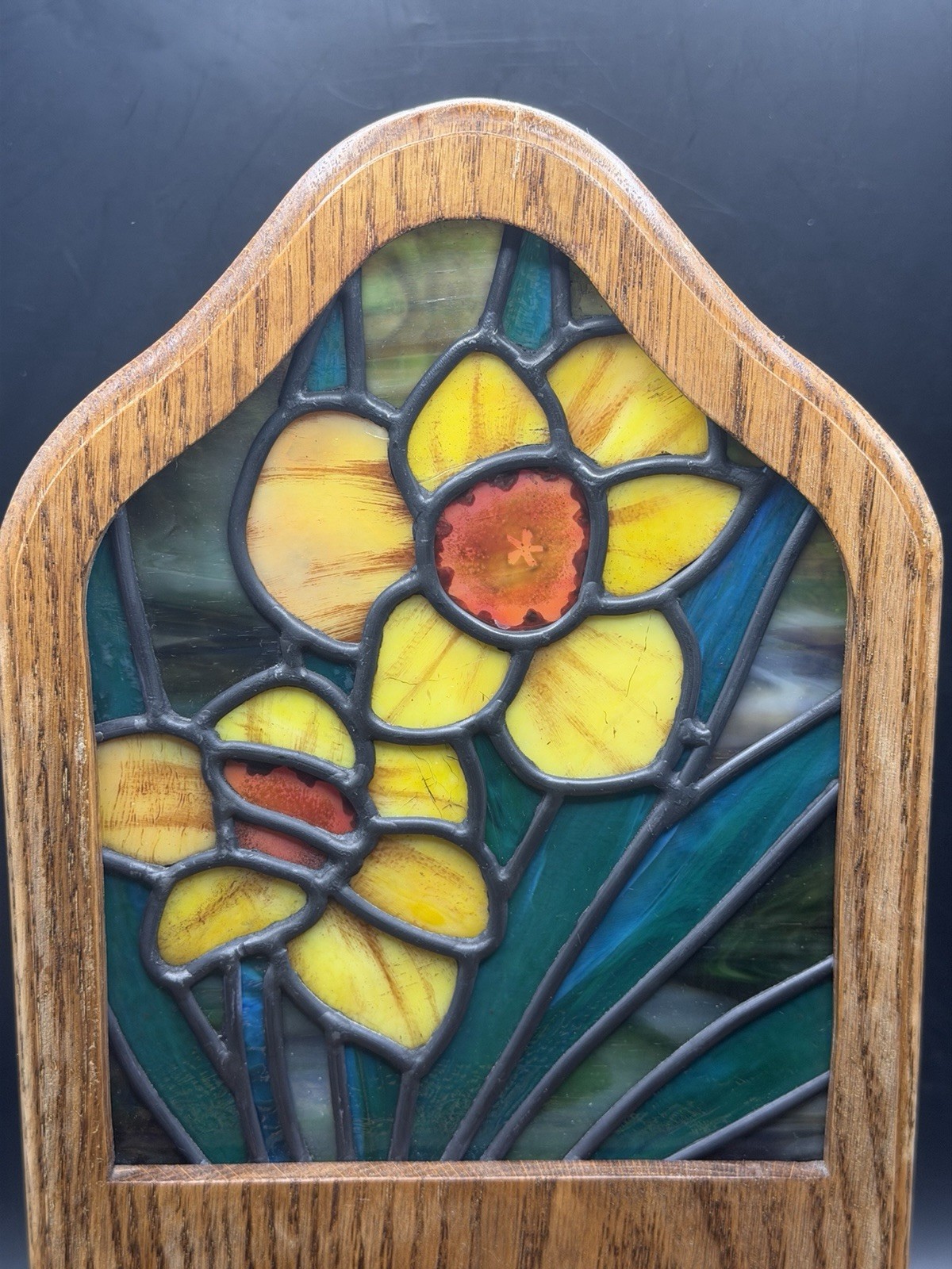 VTG MCM Rare Wooden Desk Organizer Tiffany-Style Stained Glass Flower Design