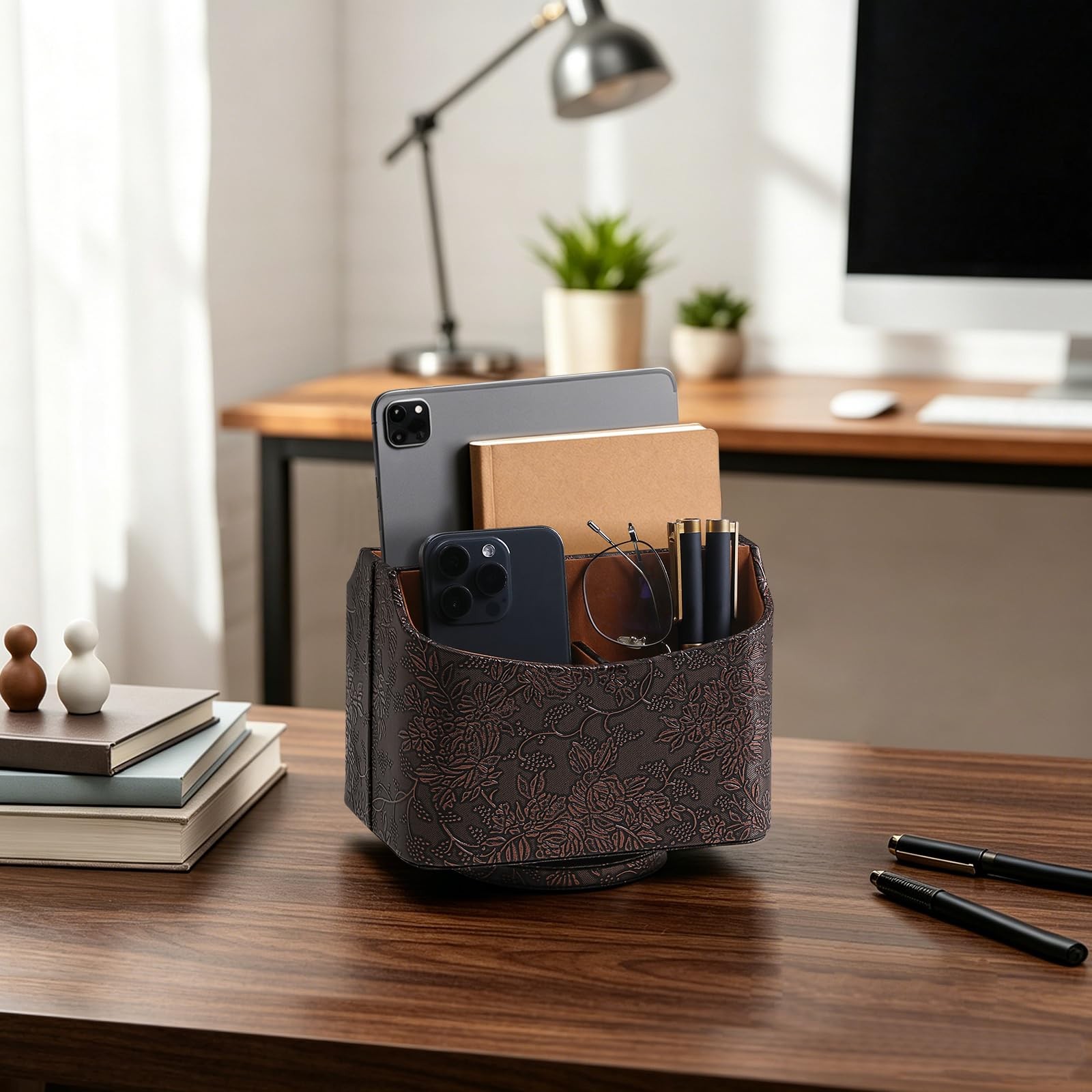 PU Leather Remote Control Holder, 360 Degree Rotating Desk Organizer Luxury D…
