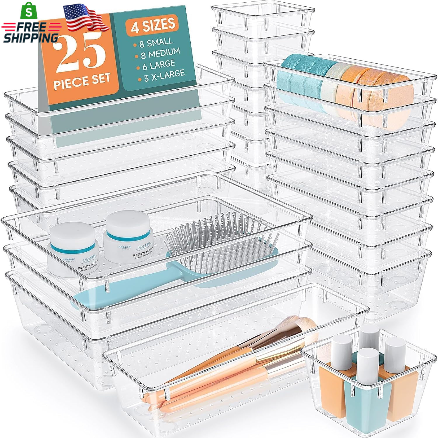 25-Pc Clear Plastic Drawer Organizer Set 4 Sizes for Desk, Makeup, Jewelry, Home