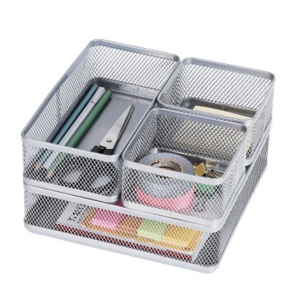 Mesh Desk Organizer Silver Steel Office Supplies, Desk Drawer Organizer