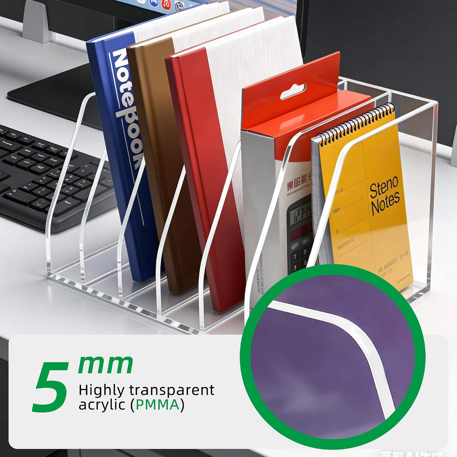 Acrylic Magazine File Holder, 6 Vertical Compartments Desk Document Sorter Organ