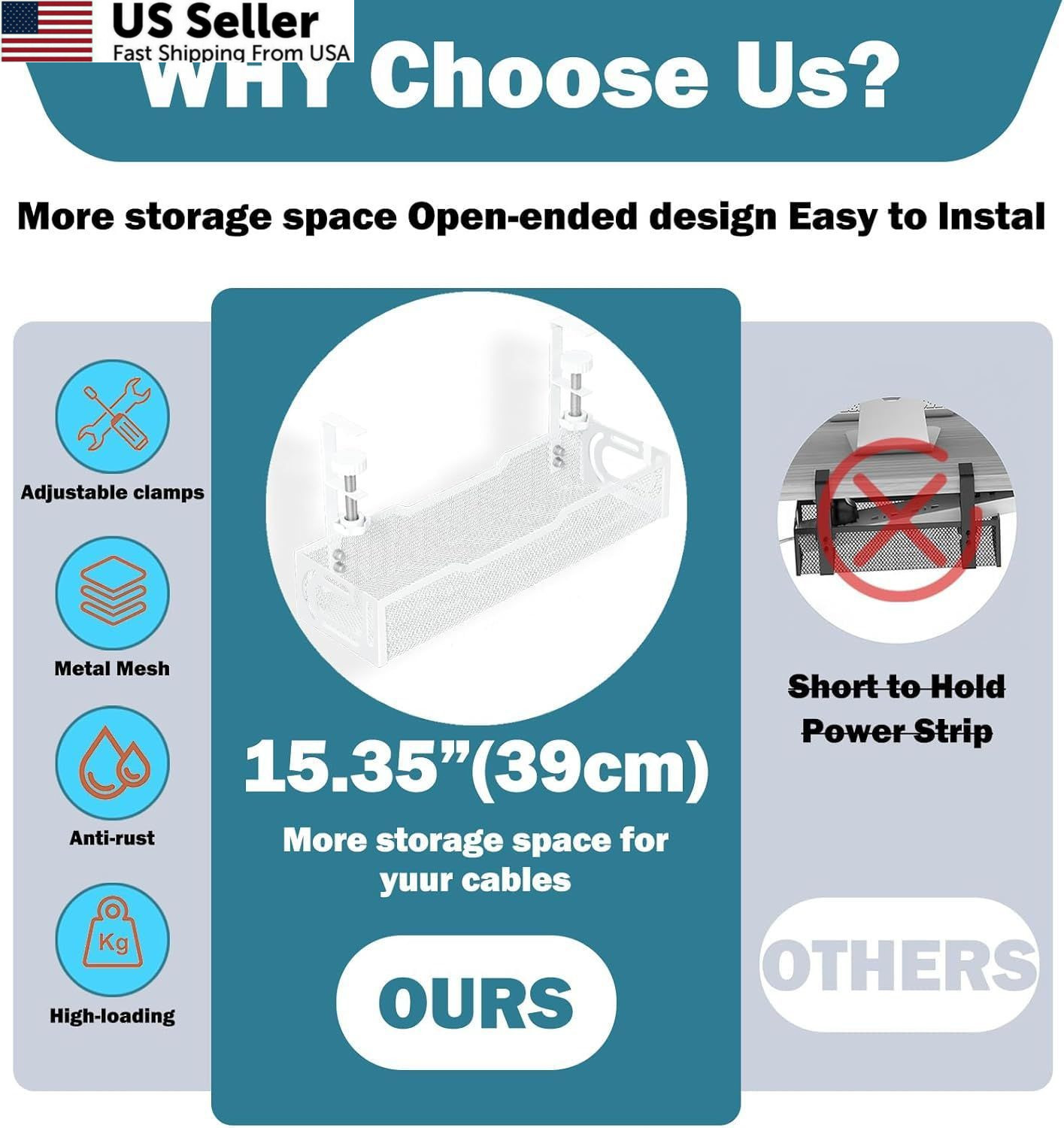 Under Desk Cable Management Tray, No Drill Mesh 1Pack-White (15.3”)