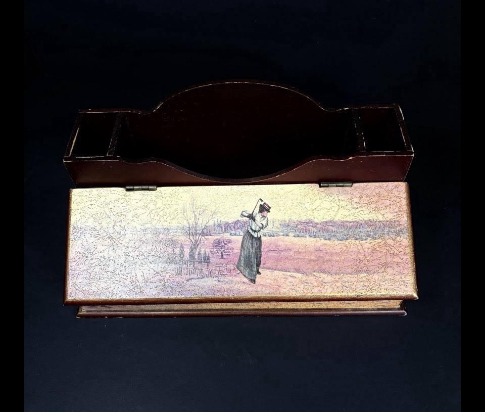 Vintage Woman Golfer Desk Organizer Mail Papers Letters Pens Holder Storage Box