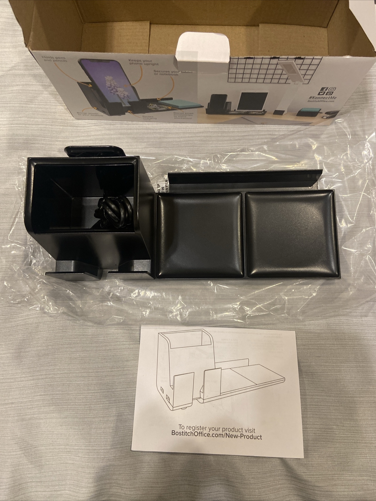 Bostitch Office Konnect Desk Organizer Power Base, Black Plastic, Dual USB Ports