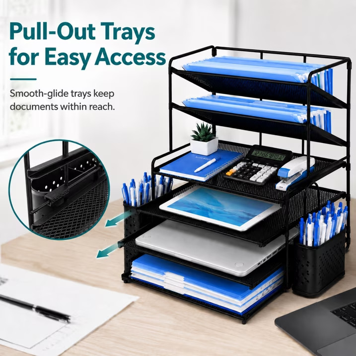 6 Tier Desk Organizer Metal Mesh Paper Document Letter File Tray Pen Holders Bla
