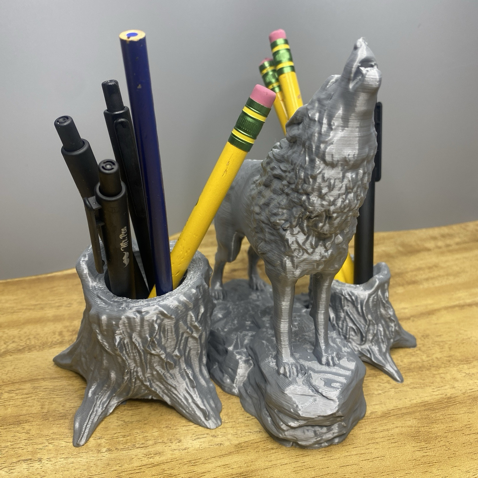 Gray Wolf Pen & Pencil Holder – Unique Desk Organizer