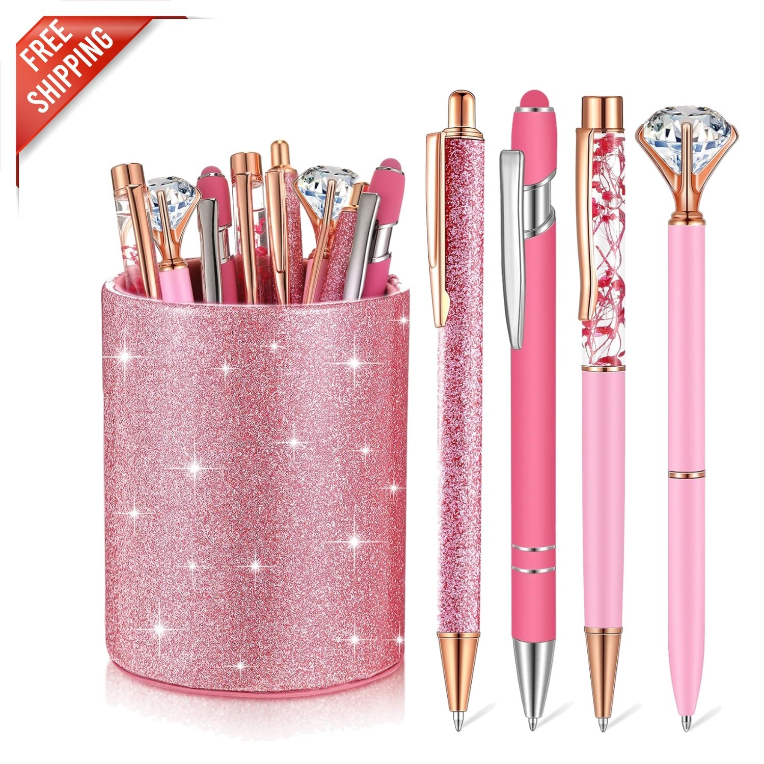 Chic Pink Pen Organizer with 8 Bling Ballpoint Pens – Ideal for School & Office