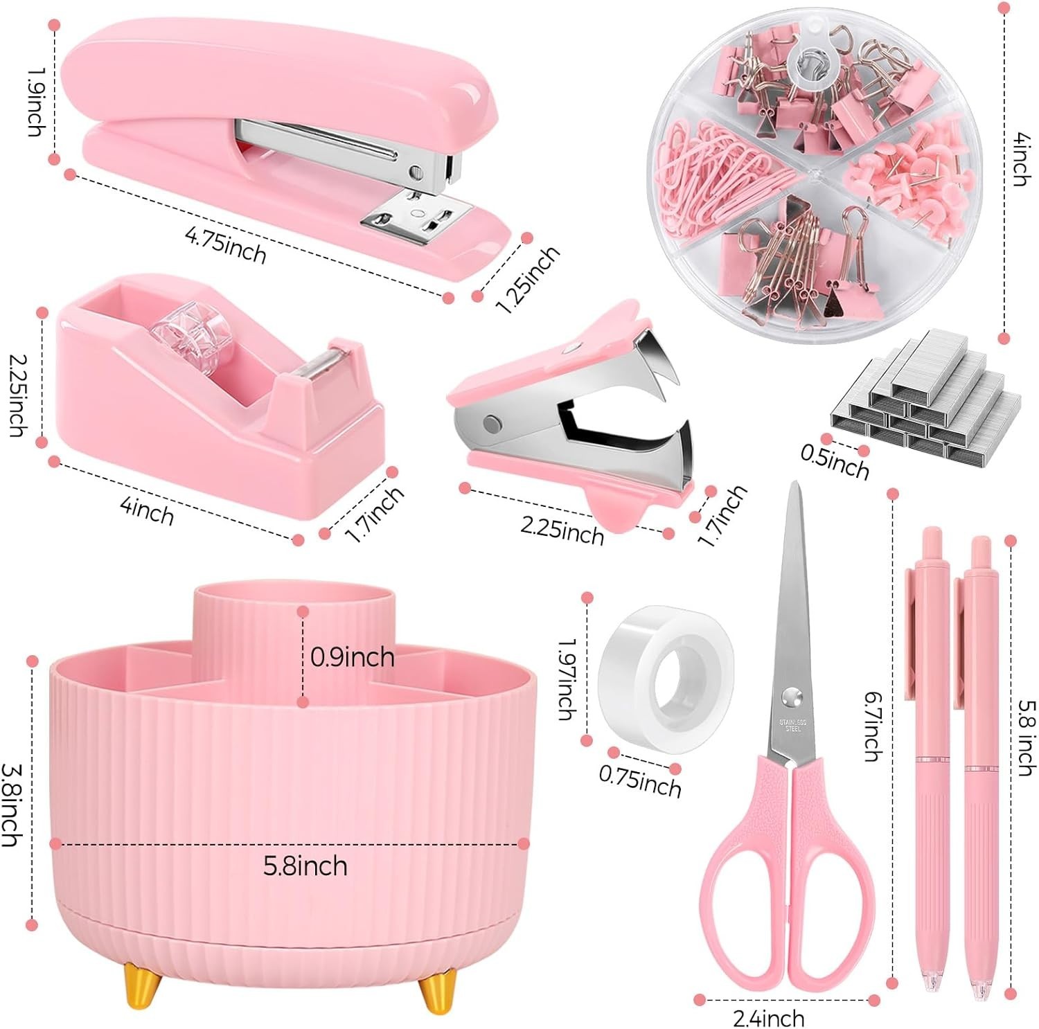 Versatile 10-Pc Pink Office Supplies: Stylish Rotating Holder, Stapler & More