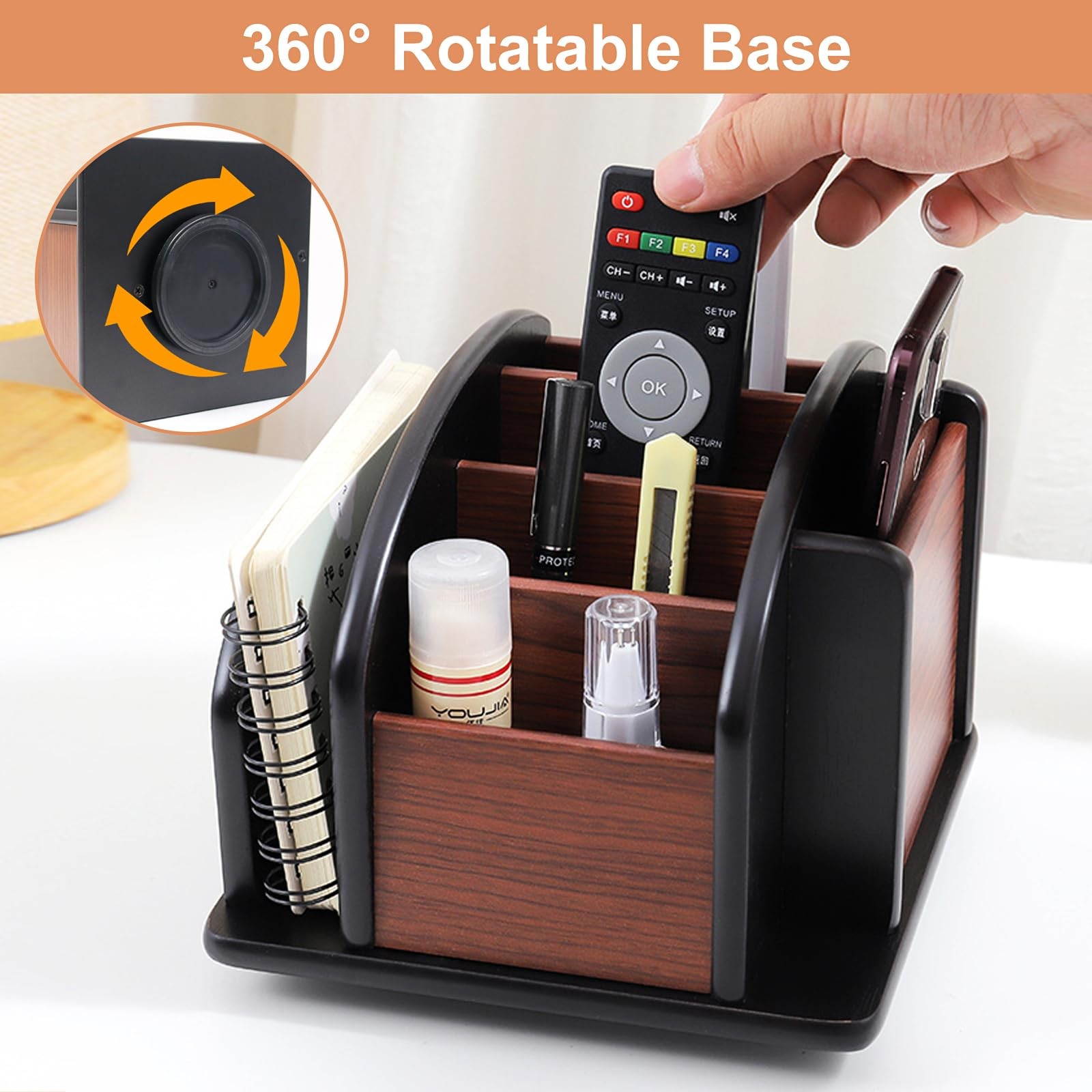 Remote Control Holder Caddy, 360° Rotating Coffee Table Organizer with 6 Comp…