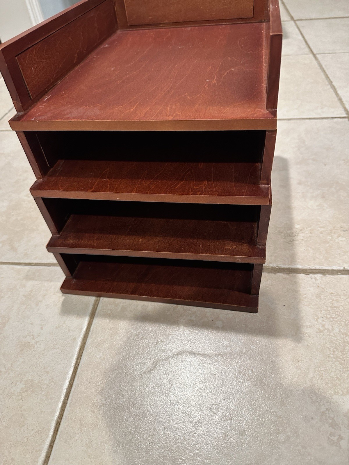 4-tier stackable wood paper tray organizer with a dark cherry Wood Pre Owned (4)