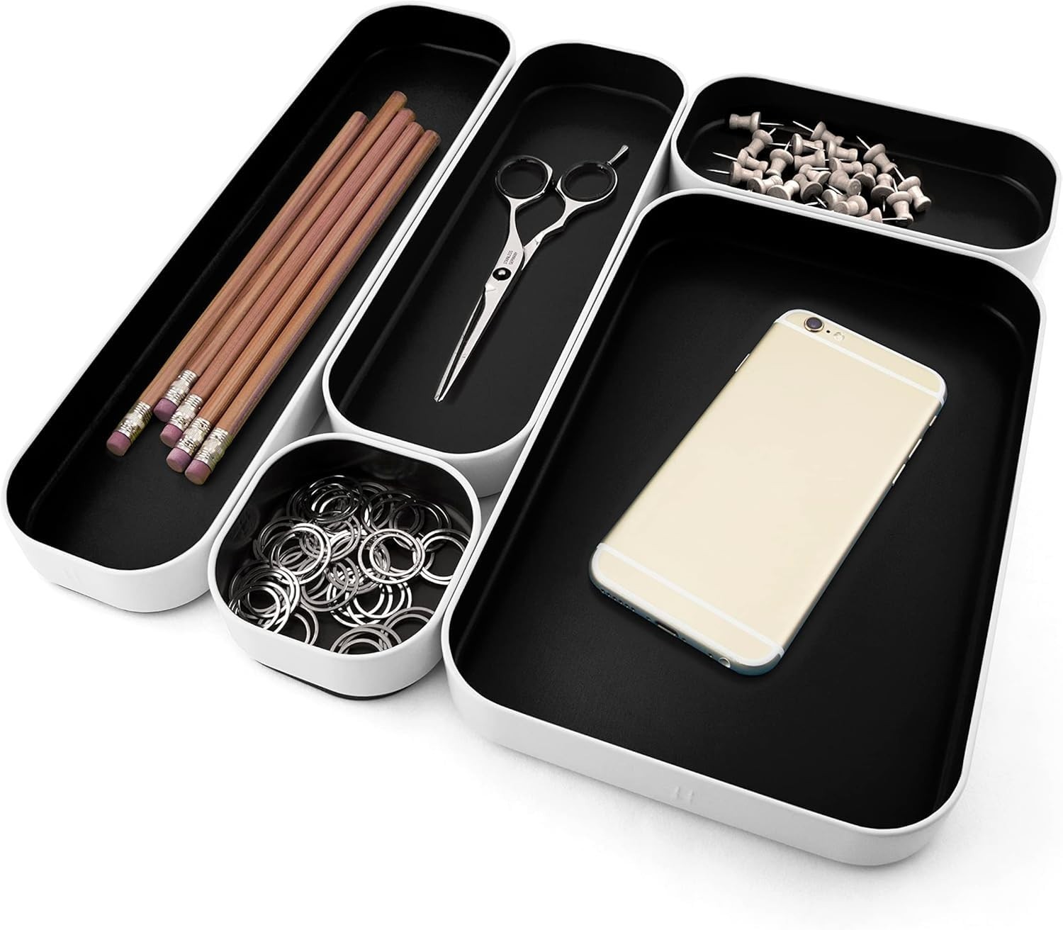 5-Piece Metal Organizer Tray Set for Makeup, Office Supplies, Kitchen Utensils –