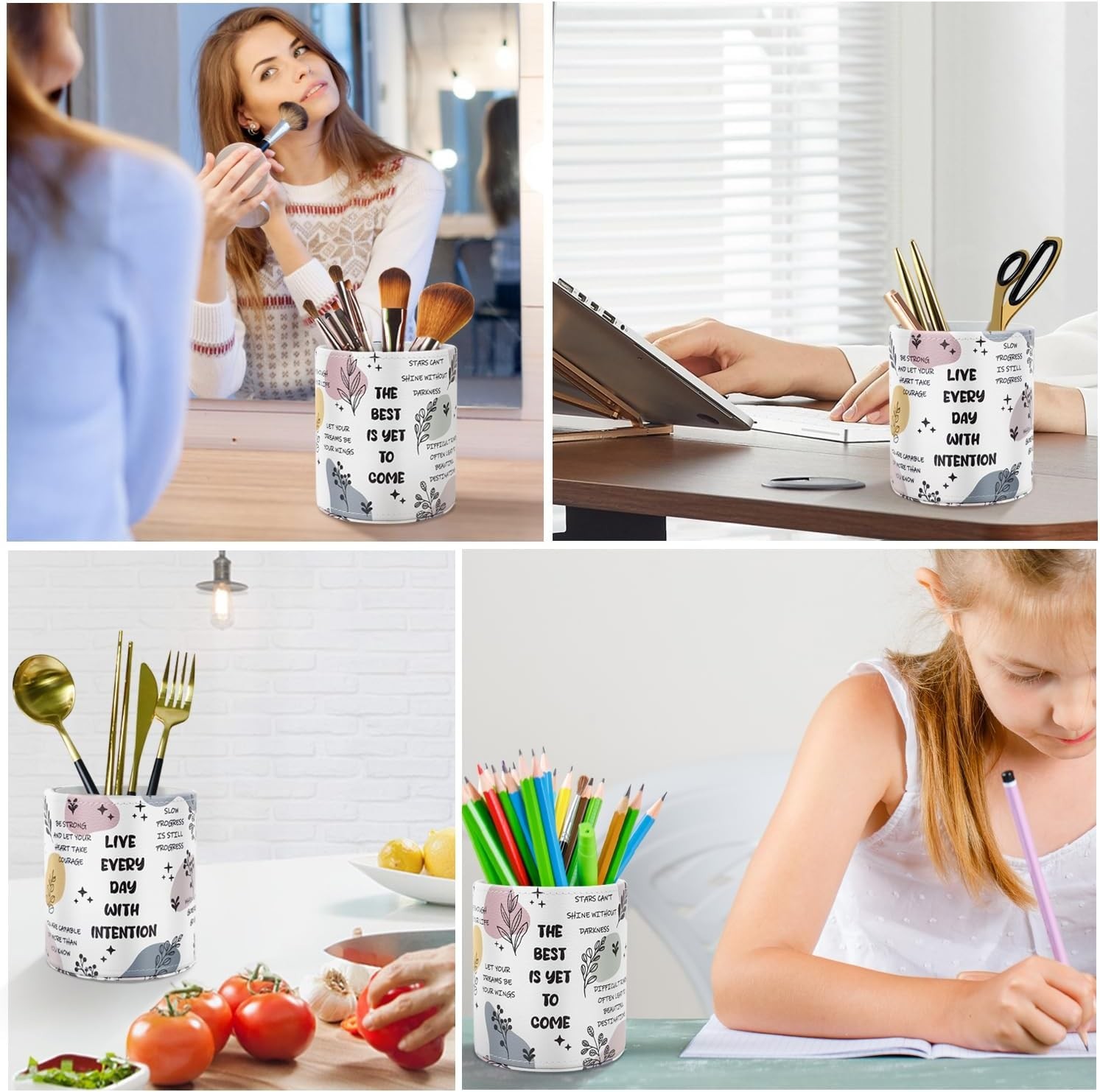 Pen Holder Cute, Pencil Cup, Makeup Brush Holder, Multi-Functional Round Leather