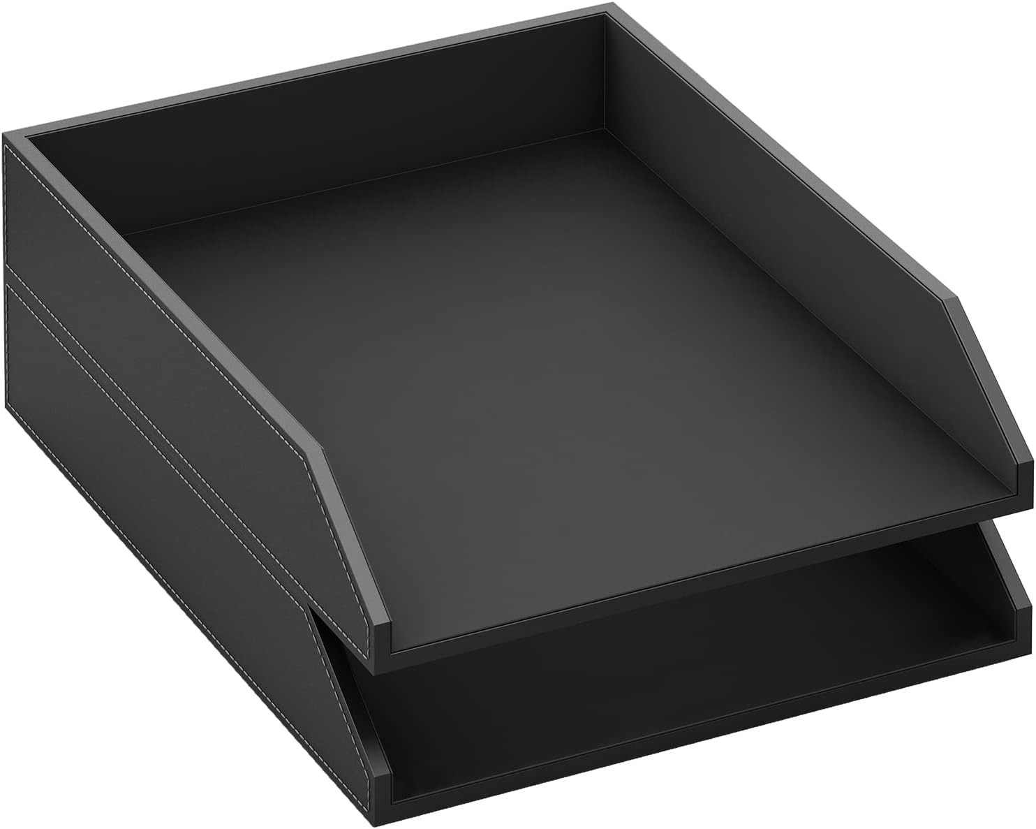 Elegant Black Leather Letter Tray – Stackable Desk Organizer for Office Supplies