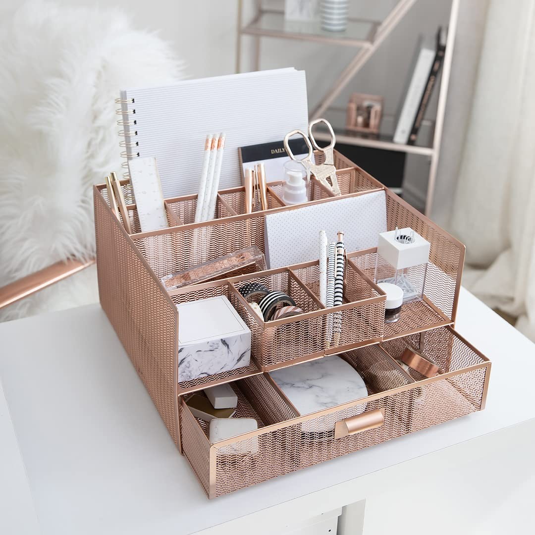 BLU MONACO Large Rose Gold Desk Organizer | 12-Compartment Metal