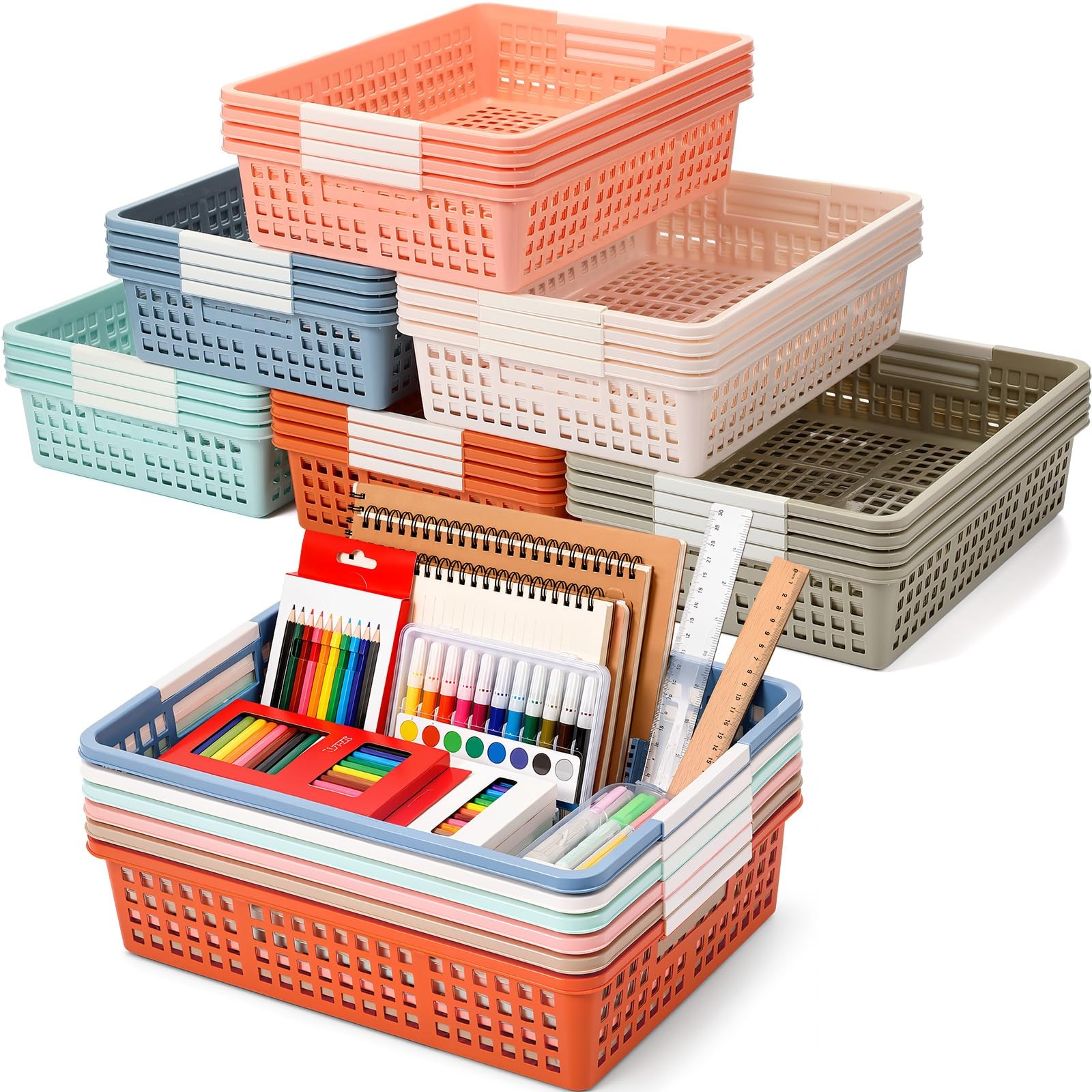 24 Pcs Colorful Plastic Classroom Baskets Bulk with Handles 13.6″ x 10″ Class…