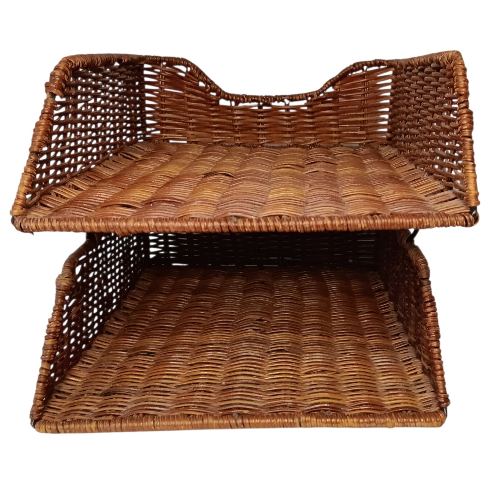 VTG Wicker Rattan 2-Tier Desk File Tray Mail/Letter Office Organizer Boho Style