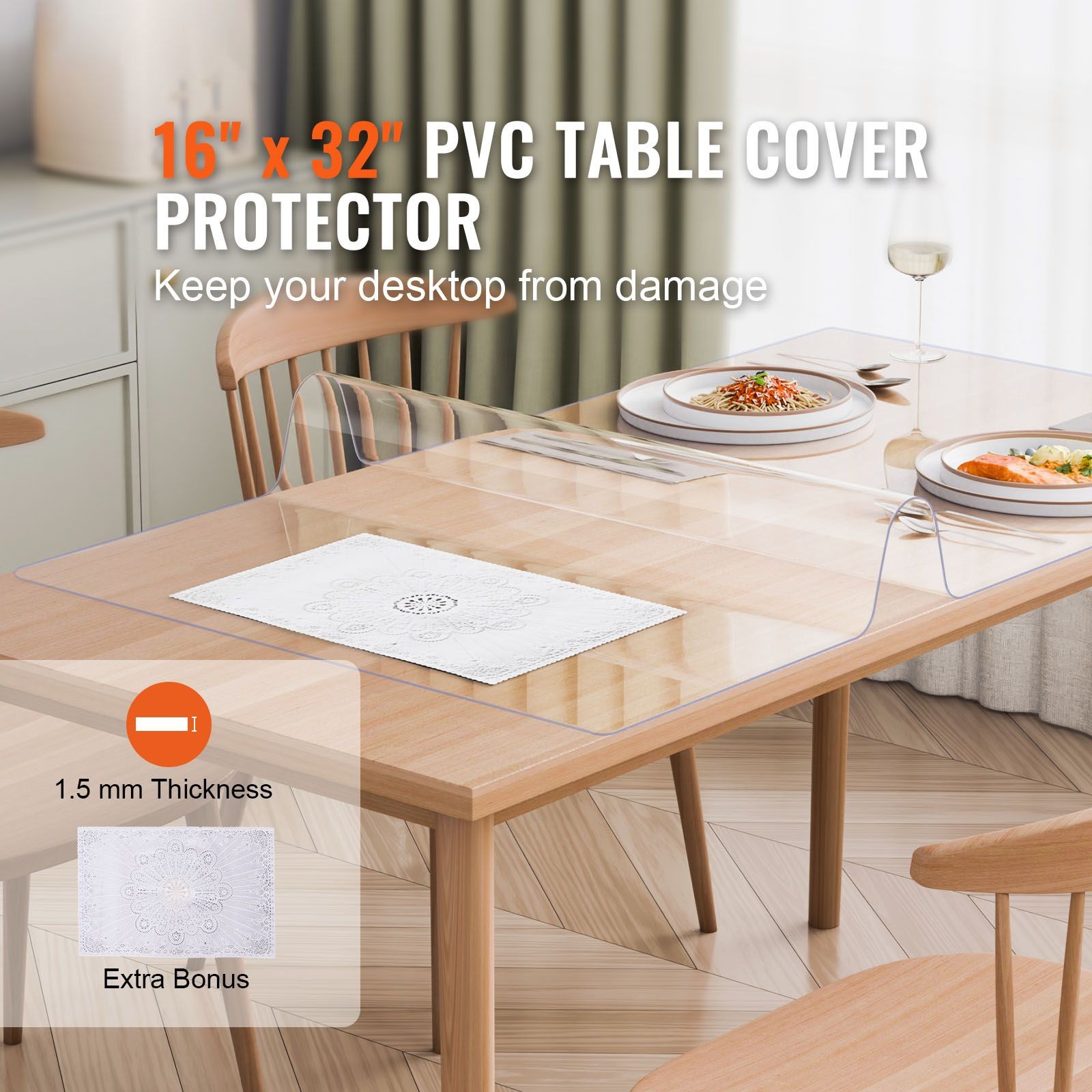 Plastic Table Cover, 16 x 32 Inch 1.5 mm Thick Clear Table Protector, Rectangle