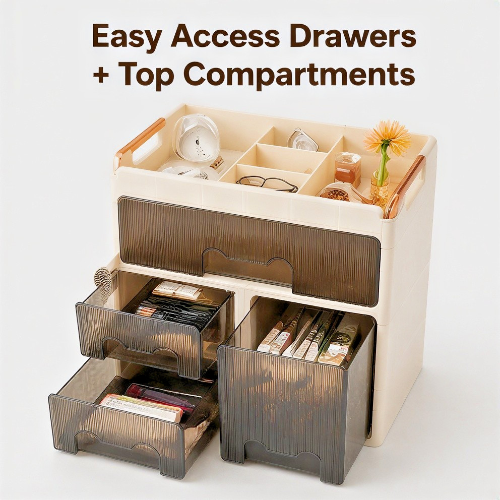 Beige Plastic Desktop Organizer w/ Easy Access Drawers + Divided Top Compartment