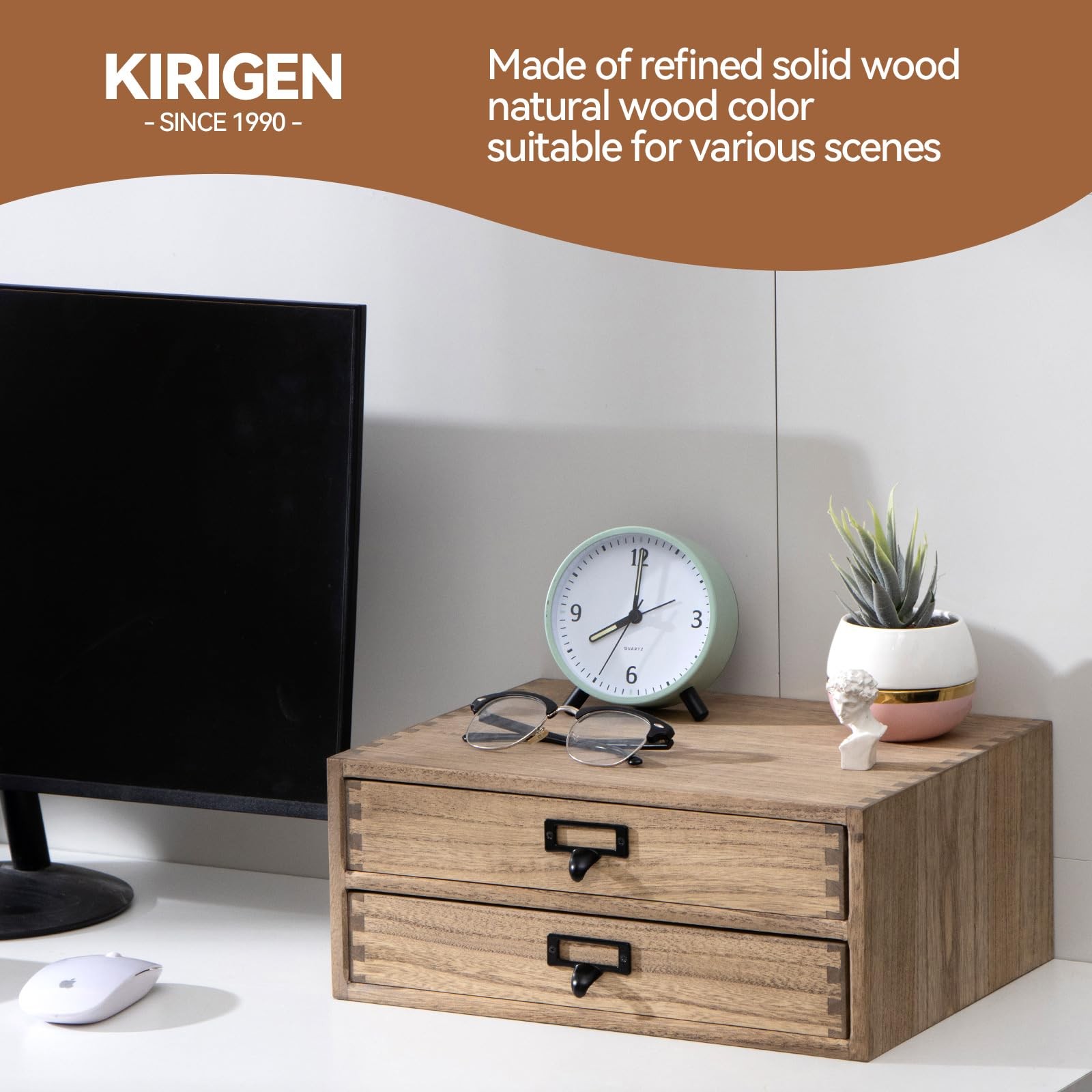 KIRIGEN Wooden Desk Organizer with 2 Drawers, 2-layer&2 drawers, Dark brown